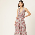 Floral Printed Crepe Tie Up Slit Smocked Maxi Dress