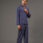 Striped Lapel Collar Pure Cotton Night Suit